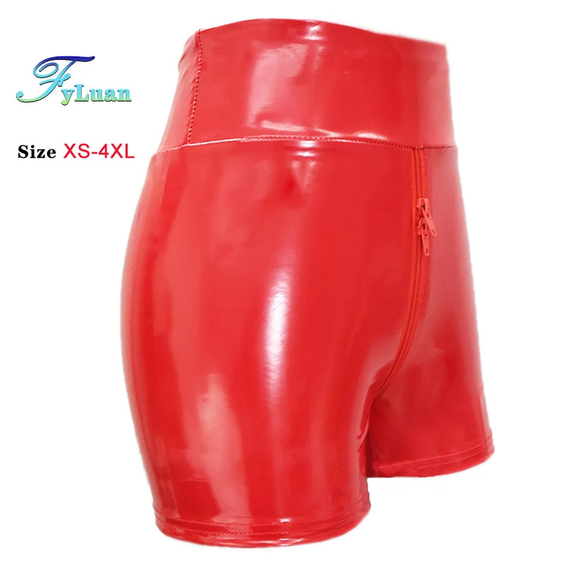 Shine PU Leather Short Pants Double Zipper Womens Shorts Elastic High Waist Wetlook  Latex Hot Goth Shorts Clubwear Party Shorts