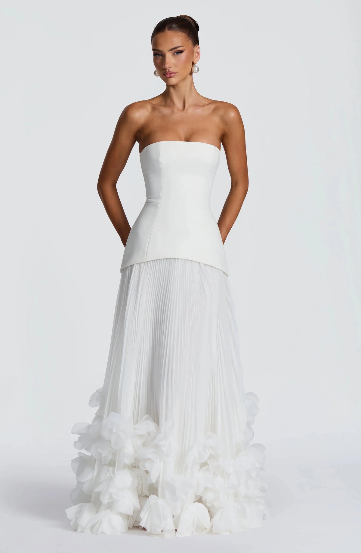 Sexy Lemon Strapless Corset Maxi Gown Sleeveless Corset Pleated Chiffon 3d Floral Hem Flowy Skirt Formal Evening Party Wear