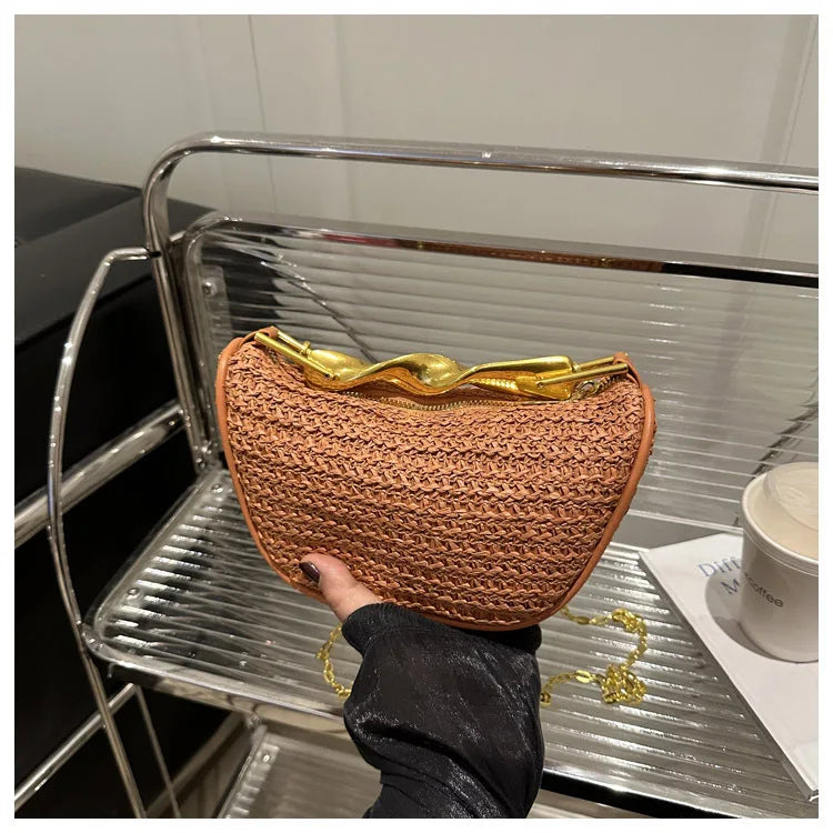 Luxury Metal Handle Clutch Bag Women Exquisite Handmade Rattan Woven crossbody Bag Half-moon Beach Bags Roomy Straw Tote Bag