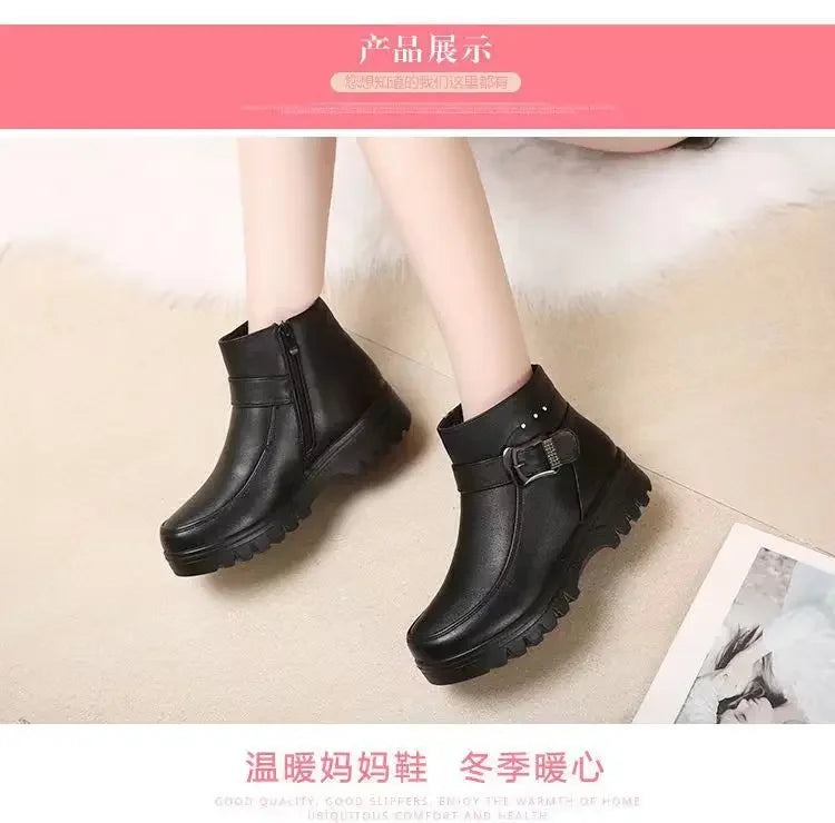 2024 Fashion Winter Women Pu Leather Ankle Boots Female Thick Plush Warm Snow Boots Mother Waterproof Non-slip Booties