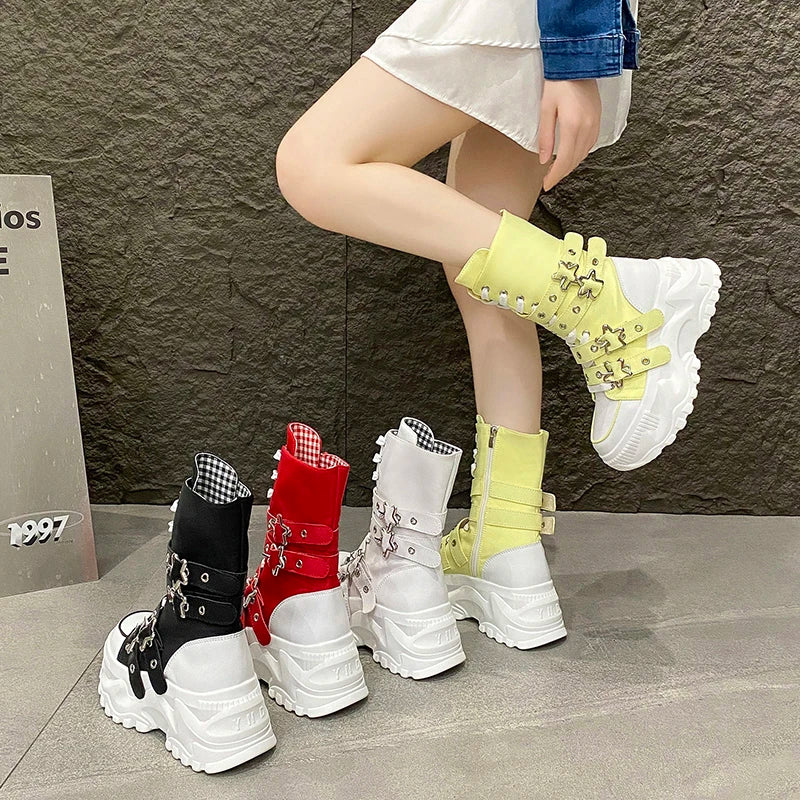 New Rock Platform Y2K Boots Women Summer 2026 Gothic Metal Star Belt Buckle Thick Sole Mid Calf Boots Woman Designer Punk Shoes