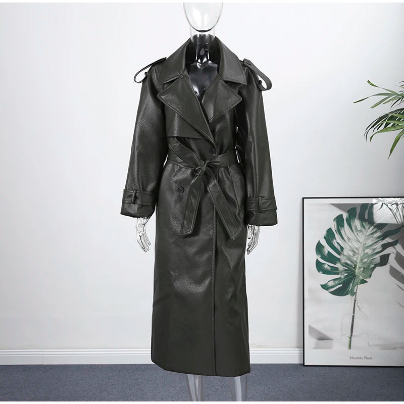 Double Breasted Lace up Long Leather Coat Woman Long Sleeves Loose Solid Color Casual Jackets Street Women's Early Autumn Coats