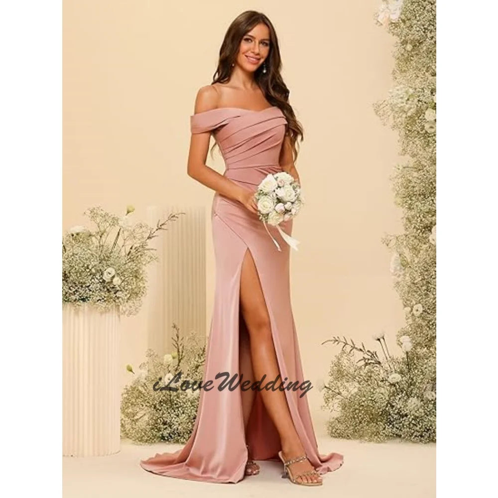 Women's Wedding Bridesmaid Dress Sleeveless off Shoulder Prom Dress Sweep Train Solid Color Satin Side Split Skirt Customized