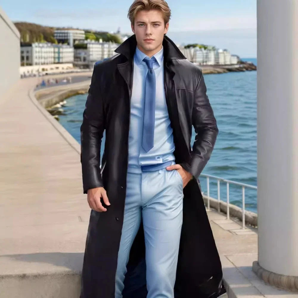 2026 New Men's Long Leather Jackets Goth Punk Button Trench Coat Solid Lapel Collar Long Pu Windbreaker Winter Leather Coats