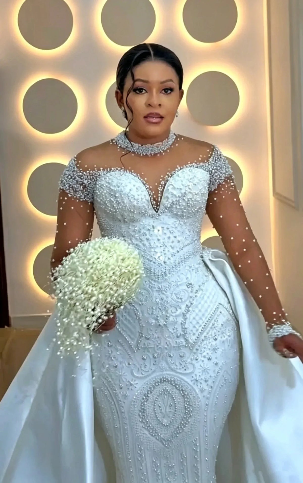 2026 Luxury Off Shoulder Mermaid Wedding Dress High Collar Beaded Transparent Long Sleeve Bride Dress Detachable Tail Customized