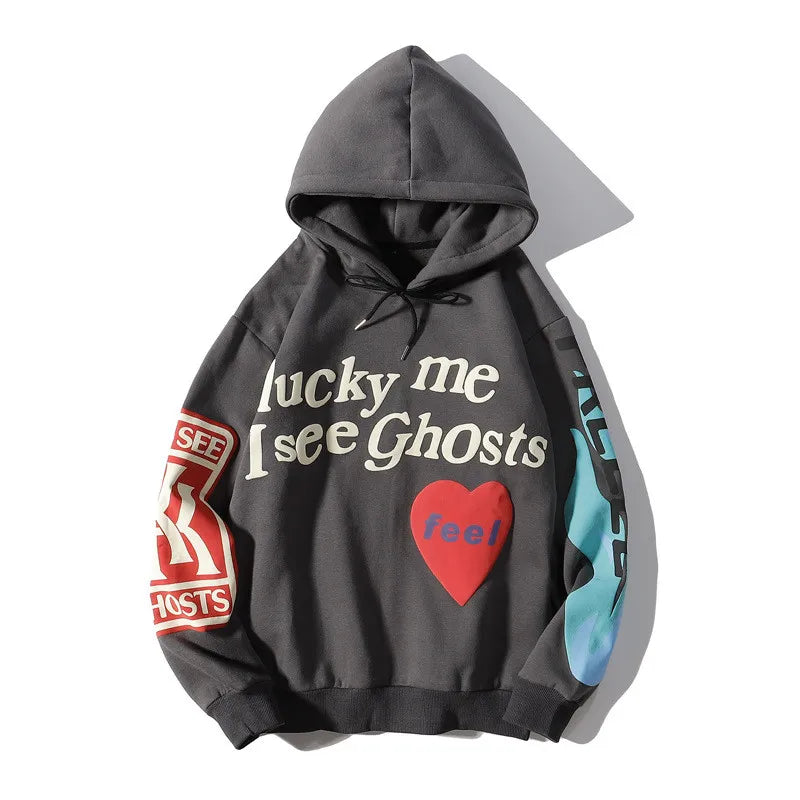 Harajuku Weirdo Graffiti Letter Printed Hoodies Men 2025 Lucky Me I See Ghosts Mens Hooded Sweatshirt Fleece Pullover Streetwear