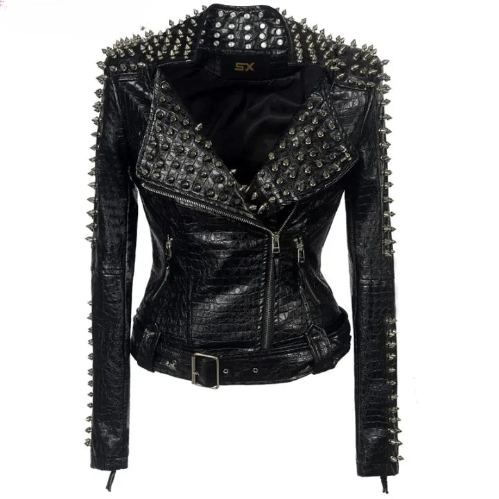 Women's Plus Size Studded Faux Leather Jacket Punk Biker Coat Slim Fit Black Motorcycle Jacket with Studs Rock Streetwear Coats