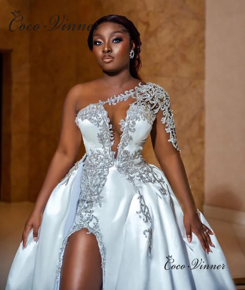 Customized Deep V neck Side Slit  Sexy Wedding Dresses 2026 One Shoulder Luxury Sequin Lace 2 IN 1 Satin Wedding Dress  W1098