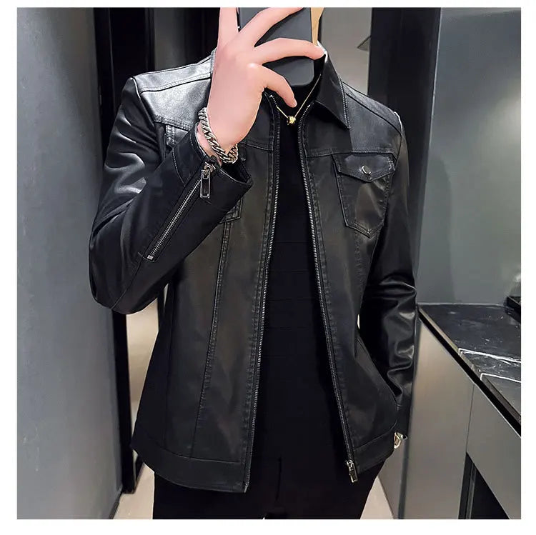 Autumn and Winter Classic Men's Leather Jacket Lapel Fashion Trend Locomotive Clothes Fleece Thermal Jacket Men
