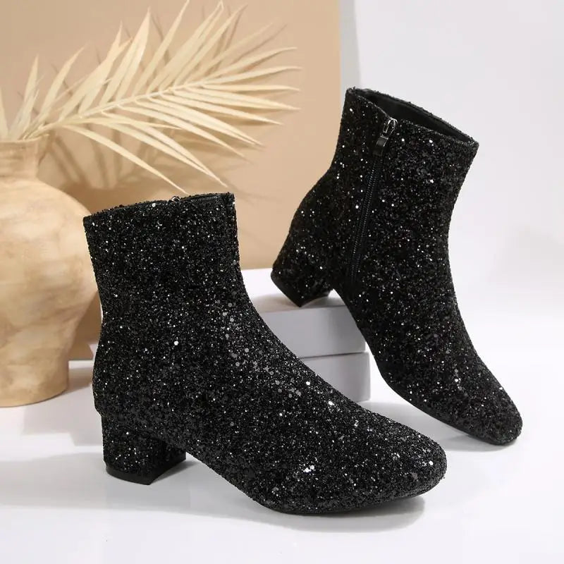 Luxury Sequin Fabric Ankle Boots Women 2026 Autumn Designer Square Toe Side Zip Short Boots Sexy Shiny Medium Heel Party Shoes
