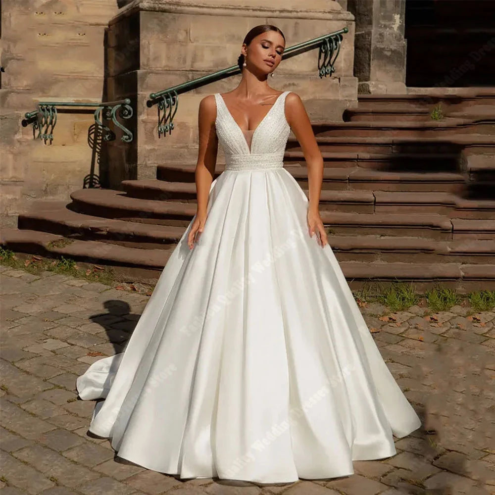 Elegant Deep-V Neck Sleevelss Women Wedding Dresses Sexy Tulle A-Line Bridal Gowns Ball Mopping Length Vestidos De Novias 2024