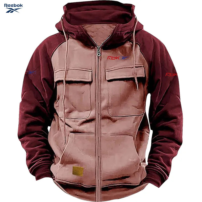Reebok Men's Zippered Patched Warm Fleece Pullover for Autumn/Winter - Multiple Pockets - Stylish Hooded Jacket - Thick Outdoor