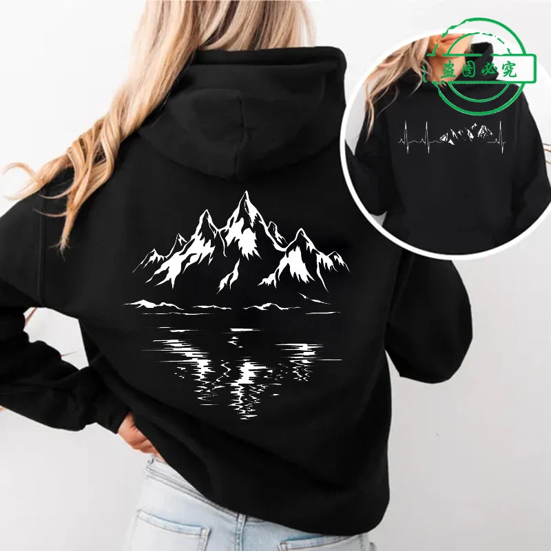 Mountain Print Women Hoodies Outdoor Climbing Hiking Graphic Hoodies Long Sleeve Top Outdoor Lovers Women's  Hooded Sweatshirts