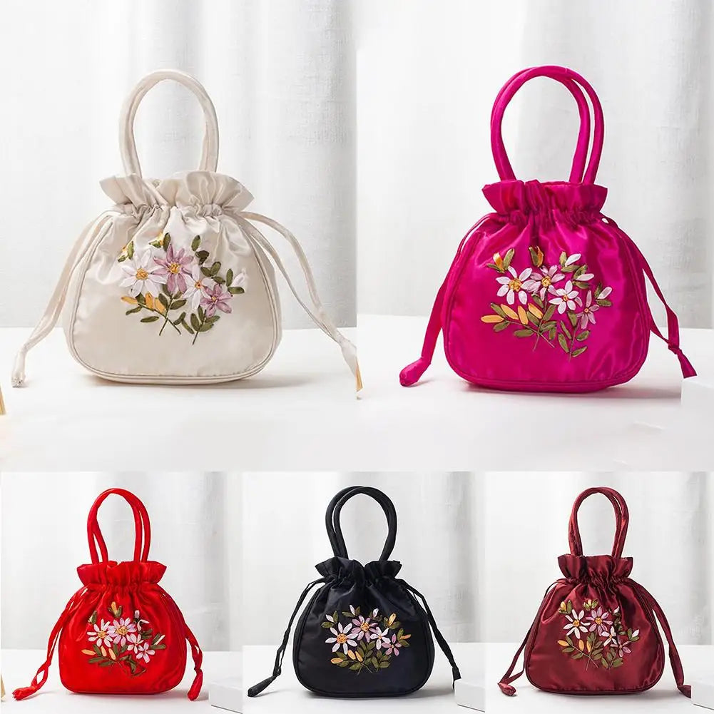 Women Bucket Bag Top Handle Ladies Handbag Phone Bag Summer Small Purse National Style Embroidered Flower Pattern Drawstring Bag
