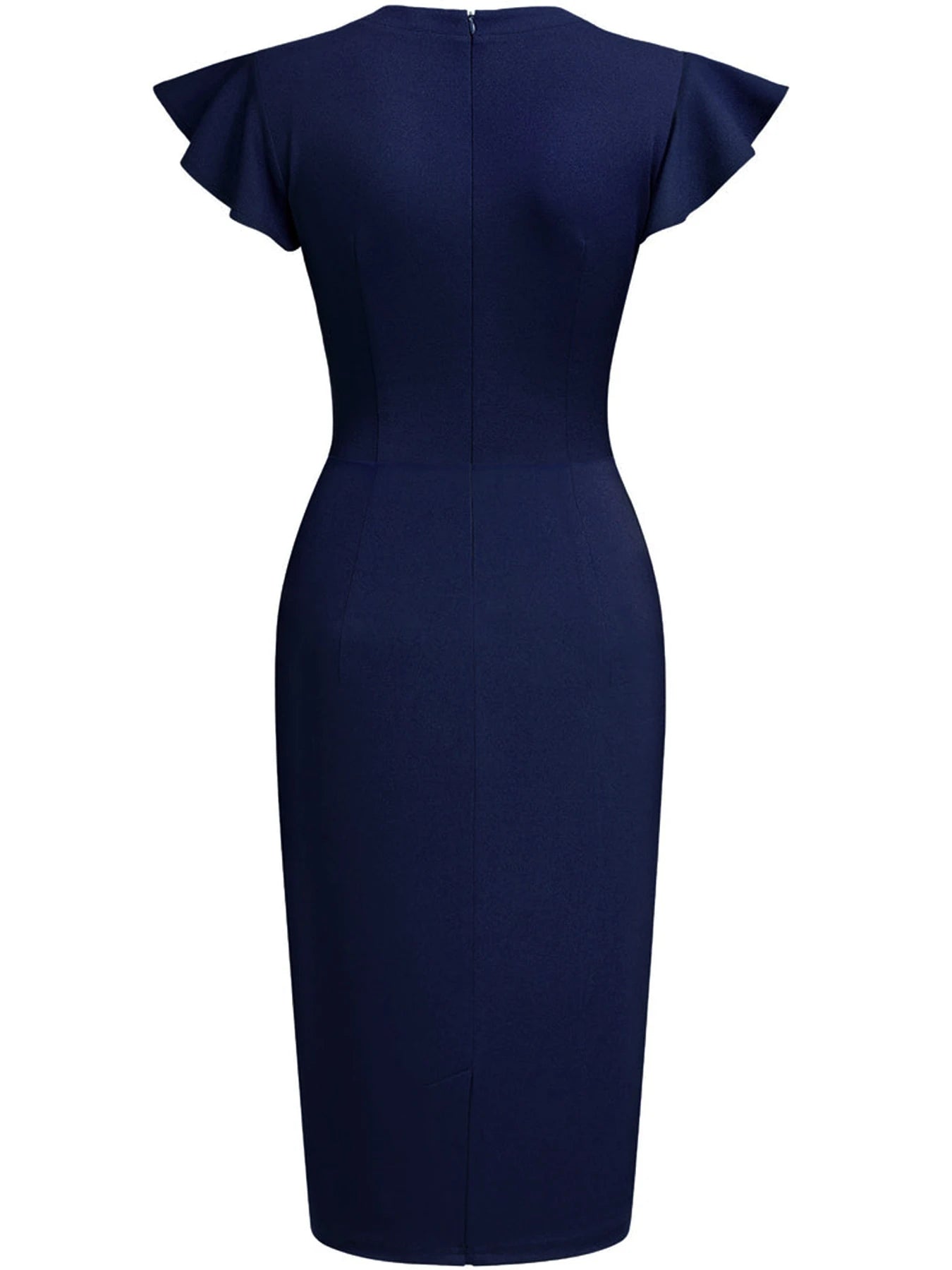 Women Crew Neck Ruffle Vintage Slim Work Office Cocktail Party Knee Length Sheath Bodycon Pencil Slim Dress
