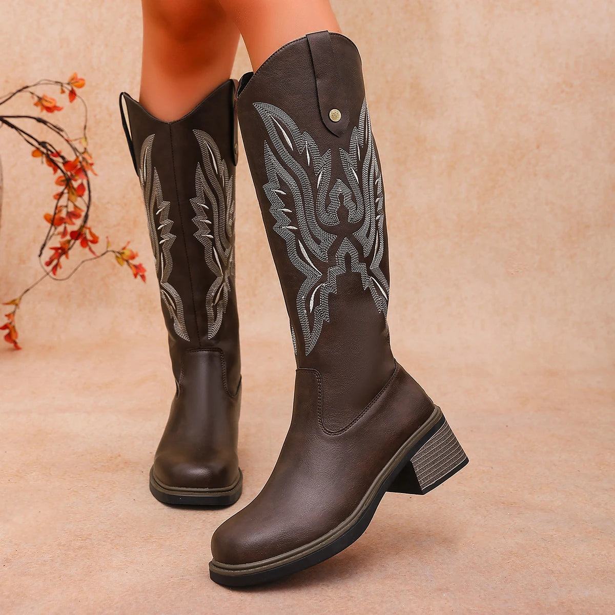 Retro Embroidery Knee‑high Western Cowboy Style Boots Women Chunky Heel Comfortable Spring Autumn Large Size Back Zip Daily Wear