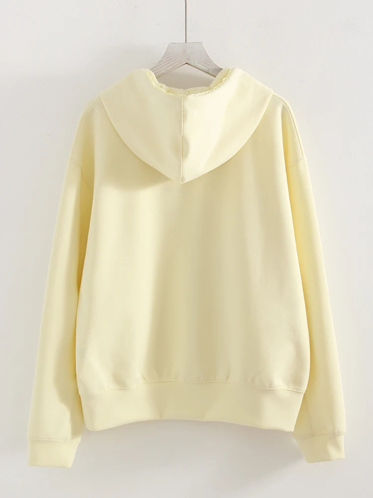 Streamgirl Brown Hoodies With Lace Women Oversize Plain Spring Elegant Butter Yellow Hooded Sweatshirts For Women Oversized