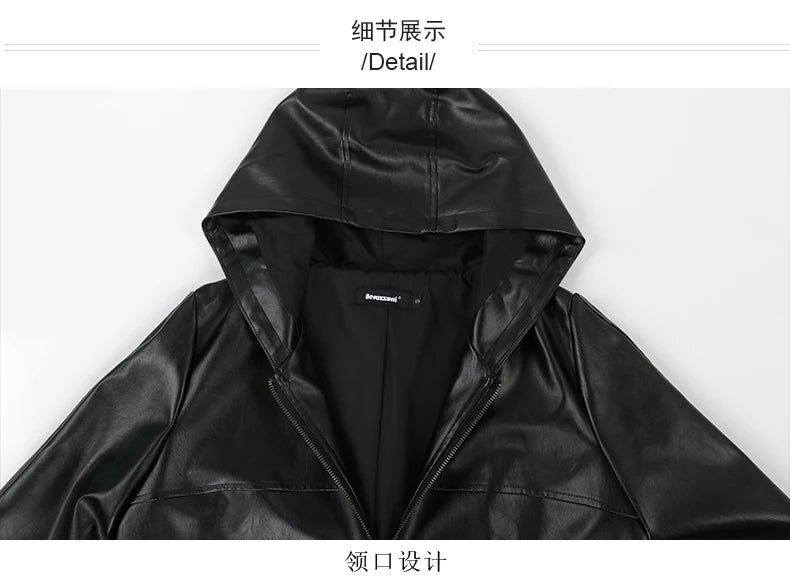 Nerazzurri Spring Autumn Black Waterproof Lightweight Soft Pu Leather Jacket Women with Hood Zipper Loose Casual Clothes 2023
