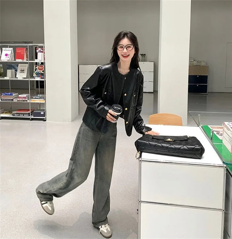 Small Fragrance Leather Jacket Women's Spring Autumn 2026New PU Leather Coat Lady Short High Sense Outerwear Popular Female Tops