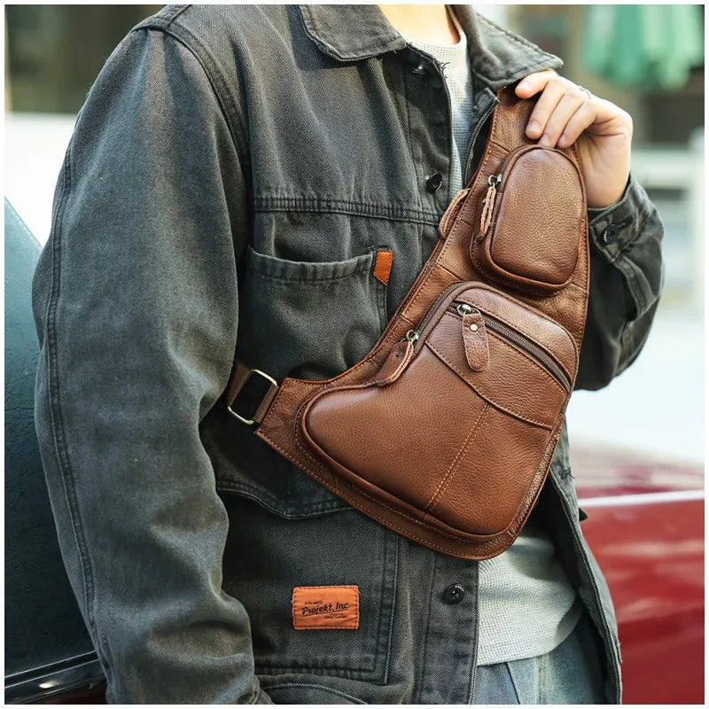 Men Genuine Leather Sling Cross Body High Quality Chest Bag Multi-Pockets Casual Male Cowhide Shoulder Bag Backpack Rucksack