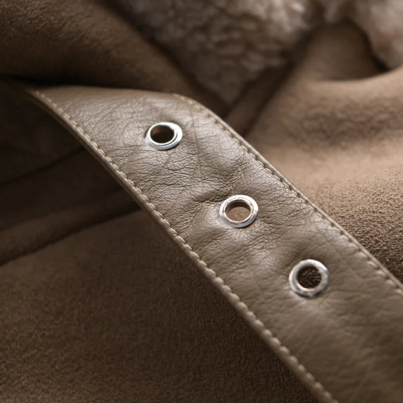 Winter Women Thick Warm Suede Lamb Jacket Short Motorcycle Brown Coats Faux Shearling Sheepskin Leather Jackets Outwear