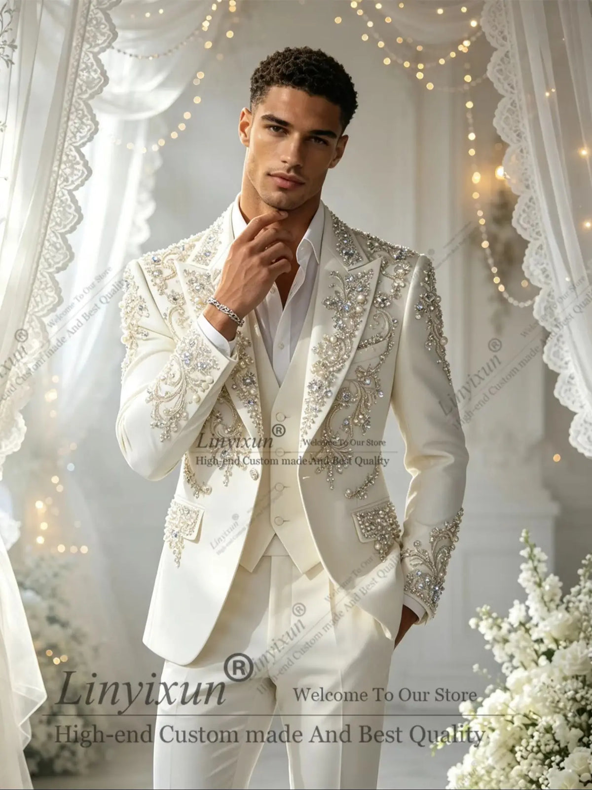 Elegant Diamond  Men Suits Set 3 Pcs Blazer Pants Trousers Luxury Wedding Tuxedo Formal Business Groom Coat Customized