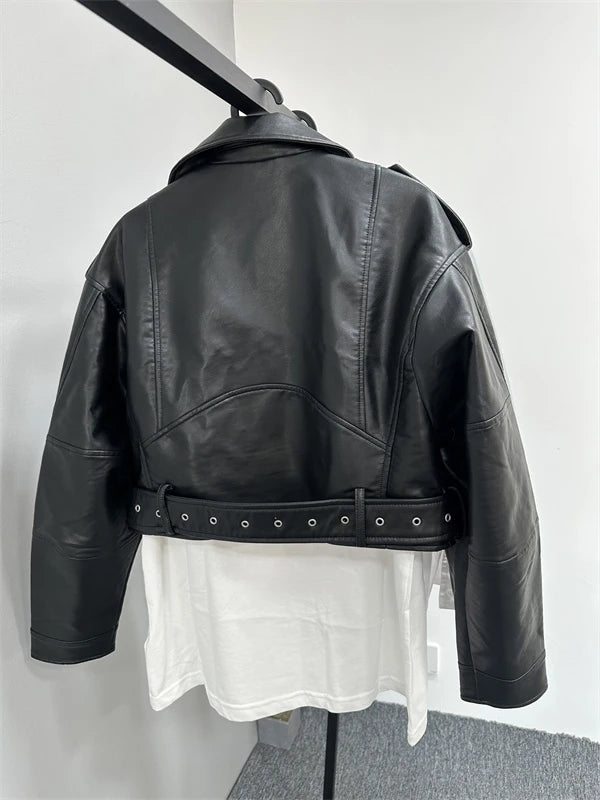 2025New Coal graysty le Women's washed leather jacket with belt, short coat with downgraded zipper and vintage lapel jacket
