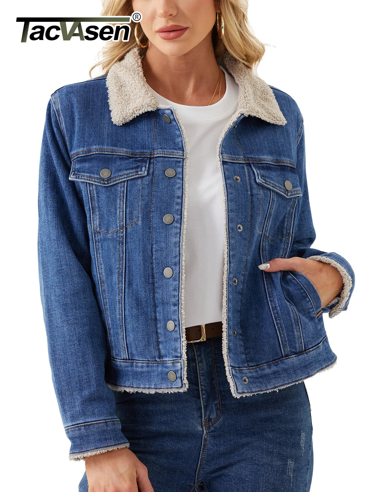 TACVASEN Women's Sherpa Lined Denim Jacket Winter Warm Fleece Trucker Coat Classic Button Down Outerwear with Multi-Pockets