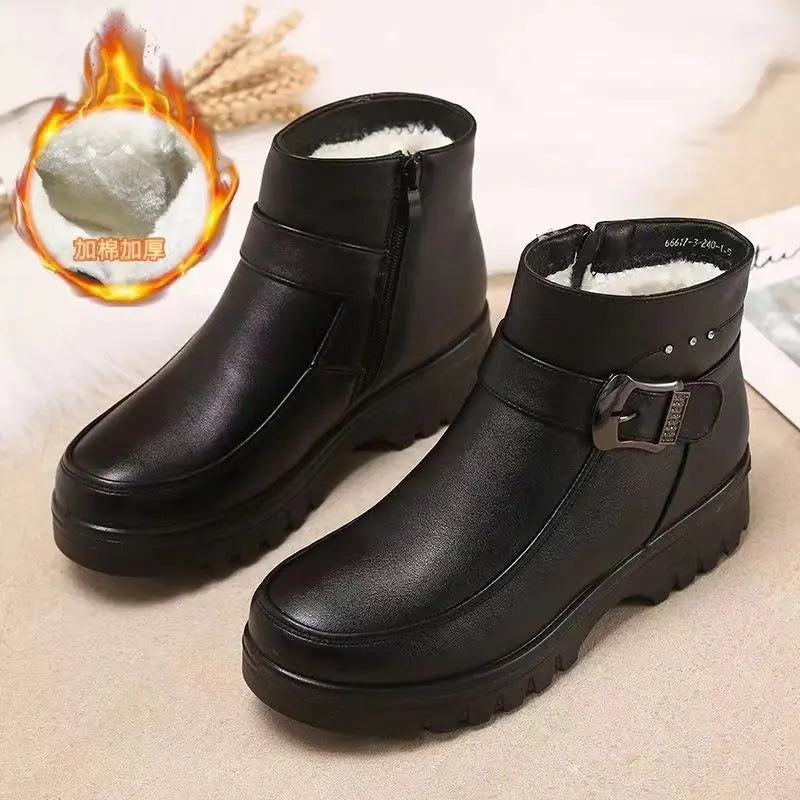 2024 Fashion Winter Women Pu Leather Ankle Boots Female Thick Plush Warm Snow Boots Mother Waterproof Non-slip Booties