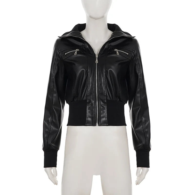 2026 Autumn Gothic Punk Leather Jackets for Women American Vintage Subculture Long Sleeve Slim Black Club Party Outerwear Coat