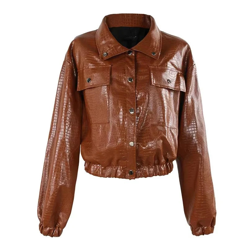 Mauroicardi Spring Autumn Short Black Brown Crocodile Print Faux Leather Jacket Women Stand Collar Button Up Luxury Clothes 2025
