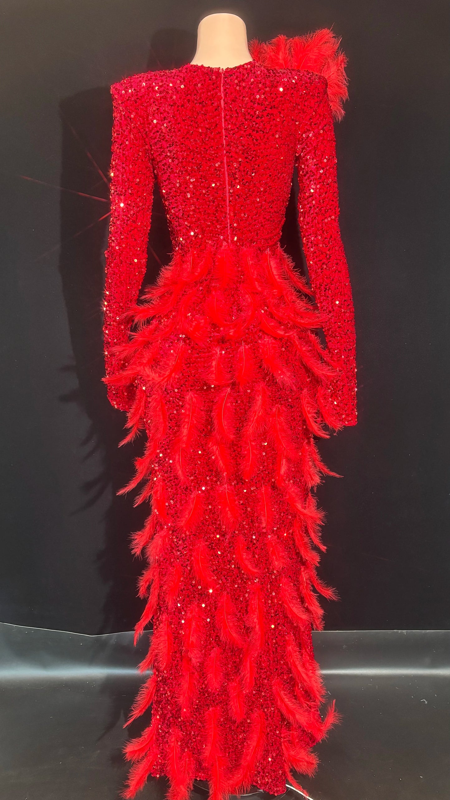 Sparkly Diamonds Feather Red High Slit Wedding Party Gown Luxury Evening Celebrate Performance Singer Costume Festival Dresses