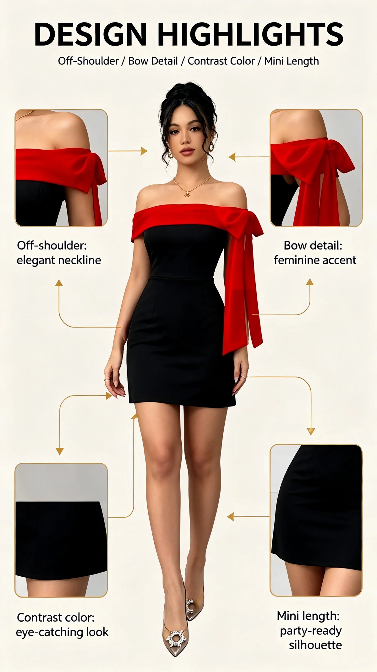 Women Off Shoulder Mini Dress Red Big Bow Spliced Bodycon Short Dresses Elegant Slim Fit Black Little Dress Night Club Party Birthday Outfits Evening Gown