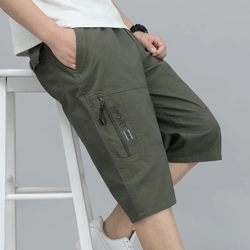 Zipper Pocket Workwear Shorts Mens Knee Cargo Pants 2026 Summer Cotton Shorts Men Climbing Jogger Elastic Waist Sports Work Wear