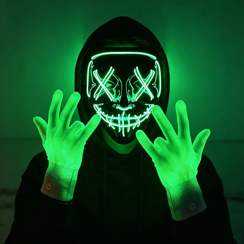 Wireless LED Neon Purge Mask & Fiber Optic Gloves, Scary Glow In Dark Mask for Halloween Carnival Cosplay Bar Birthday Party