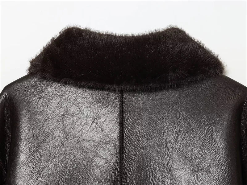 Women's Jacket 2025 Autumn/Winter New Arrivals Dark Brown Long-Sleeve Faux Leather Reversible Jacket Stylish and Unique