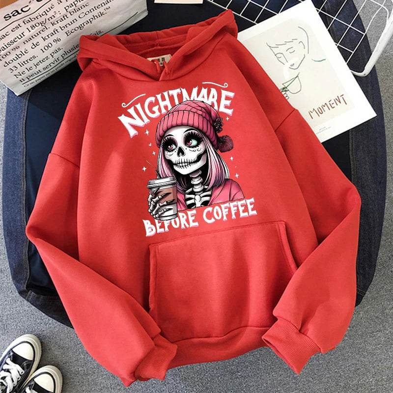 Slogan Nightmare Before Coffe Graphic Sweatshirt Unisex Fall Winter Hoody Y2k Clothing Women's Skeleton Halloween Pocket Hoodies