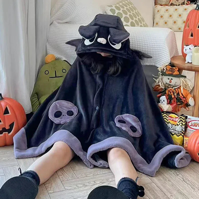 Kawaii Cartoon Bat Y2k Cute Blanket Plush Pajamas Anime Cosplay Cape Costume Halloween Theme Party Women's Hooded Cape 2025 New