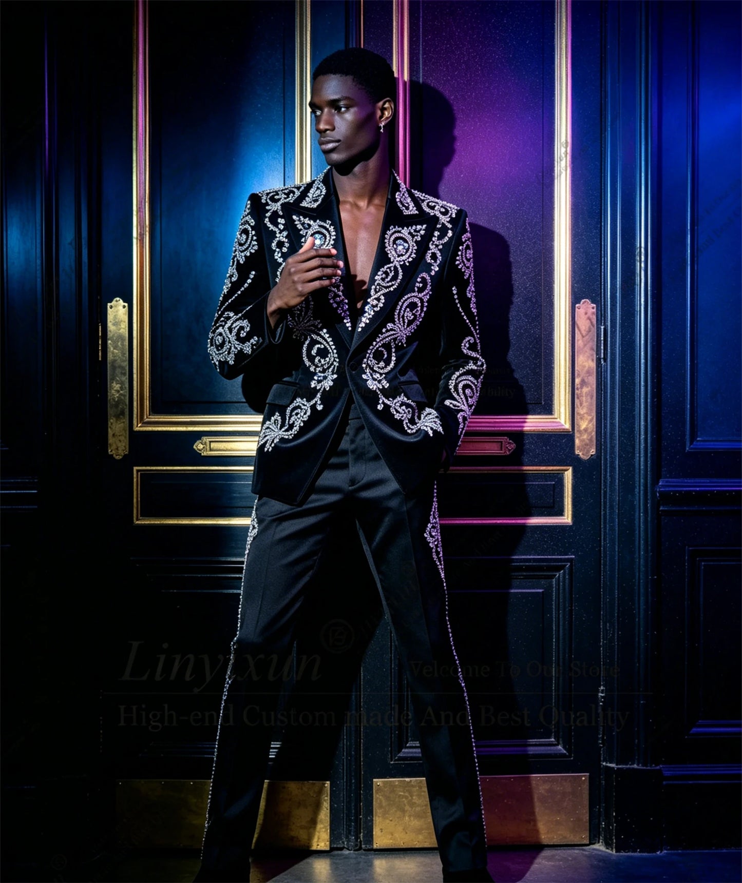 Luxury Metal Embellished Diamond Men Suits Peaked Lapel Groom Tuxedos Party Prom Blazer Customized 2 Pieces Sets Costume Homme