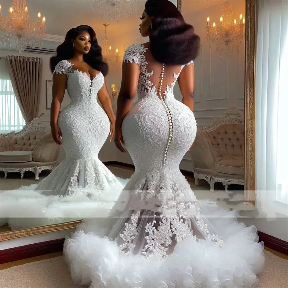 Customized Button Back Tulle Ruched Train Aso Ebi Mermaid Wedding Dresses Luxury Lace African Bridal Gowns vestidos de novia