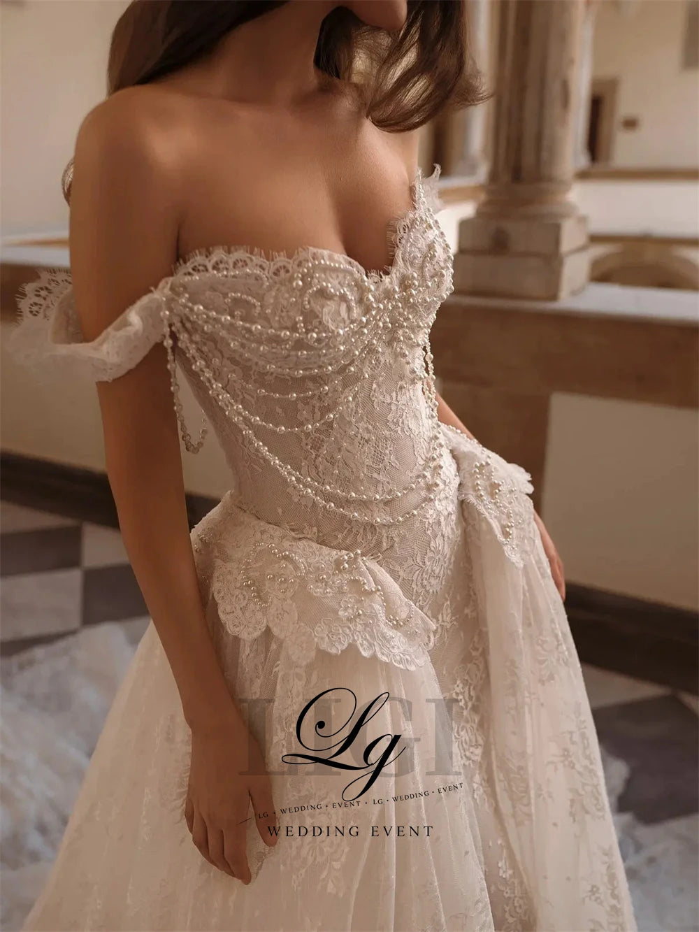 LIGI Luxury Off The Shoulder Lace Pearl Chain Mermaid Wedding Dress Customized Exquisite Beading Detachable Train Bridal Gown  ﻿