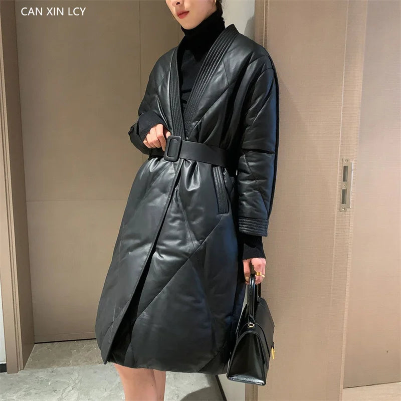 High End Leather Jacket New Women Autumn Winter Long PU Leather Windbreaker With Belt Female Down Cotton Coat Thick Warm Parkas