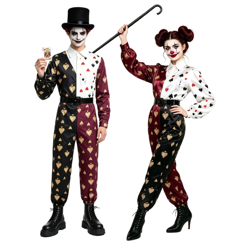 Adult Men Women Poker Clown Couple Cosplay Costume Circus Funny Performance Jumpsuit Halloween Carnival Party Fantasy Outfits