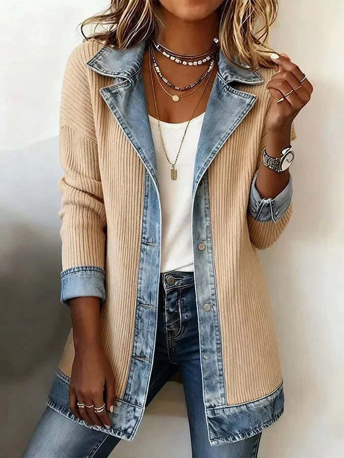 Women's Casual Autumn Retro Harajuku Fashion Elegant Slim Fit Sports Jacket Collar Long Sleeved Y2K Denim Patchwork Jacket