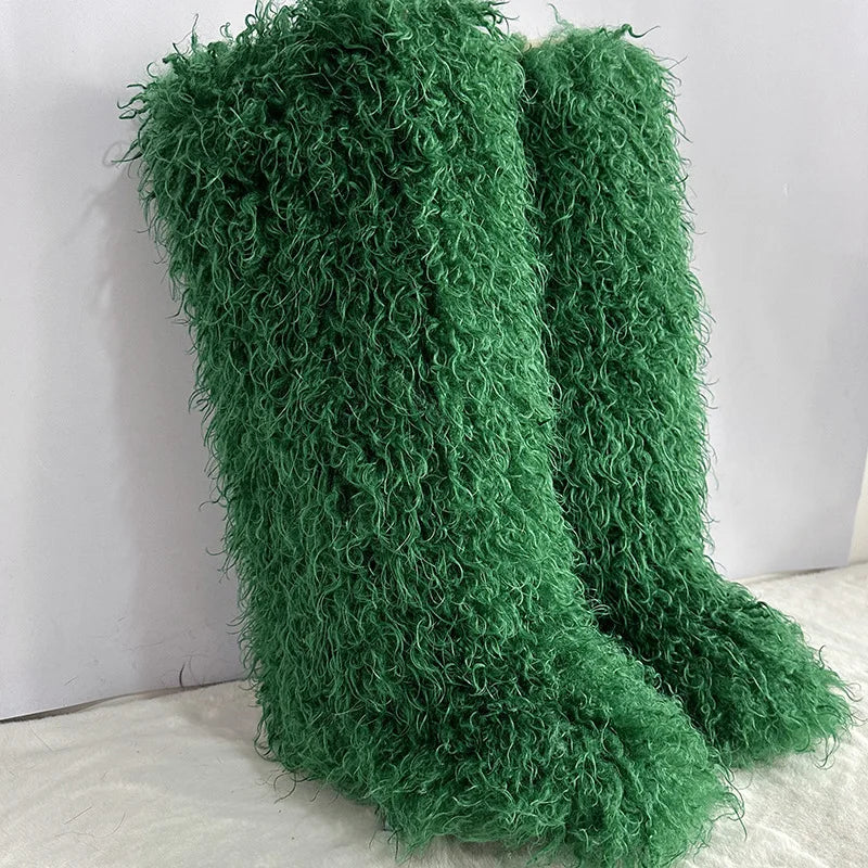 New Over The Knee Fur Boots Women Warm 72CM Long Faux Mongolian Fur Snow Boots Winter Luxury Fluffy Shoes Plush Platform Shoes