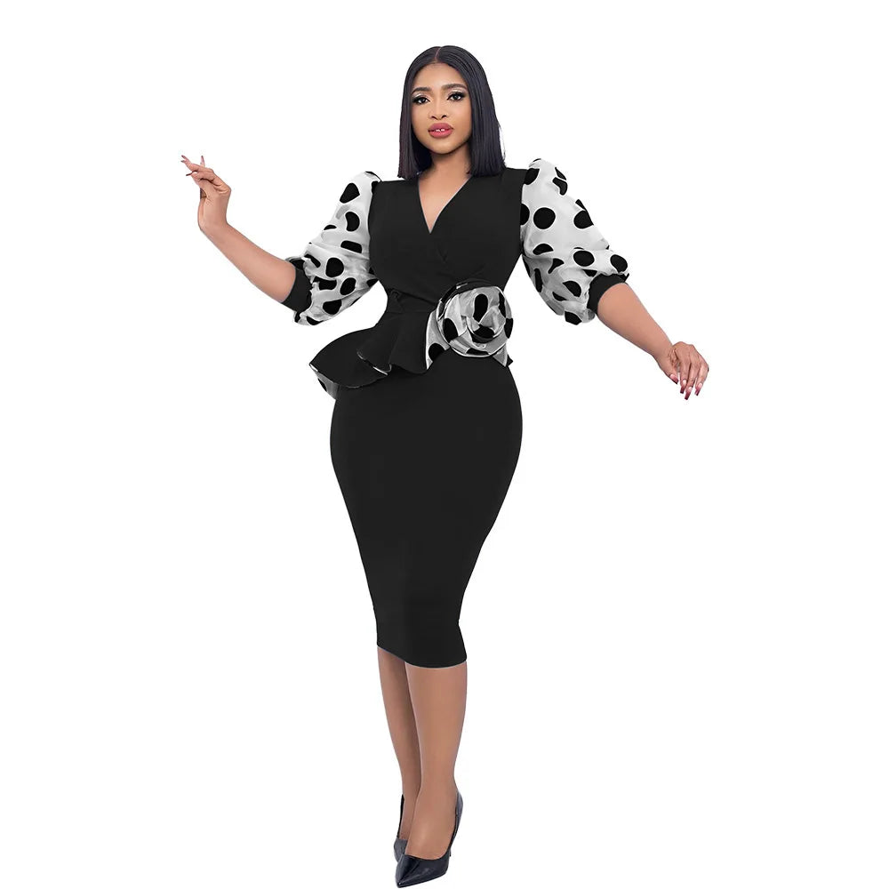 Elegant Dot Mesh Stitching V-neck Puff Sleeve Floral Appliques Bodycon Dress Women Ruffles Waist OL Even Party Dresses Vestidos