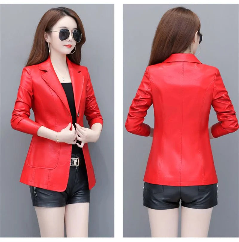 High Quality 2026 Autumn And Winter New  Leather Leather Coat Women's Short Slim Suit Collar Leather Jacket Female's Coat Black