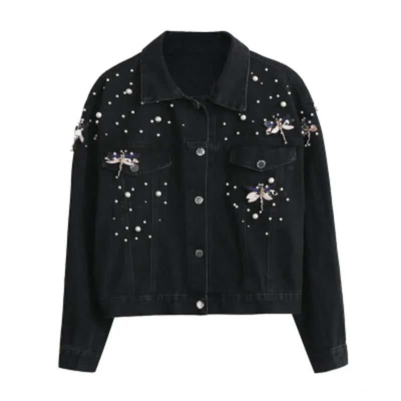 Women Denim Coat Single Breasted Turn Down Collar Distressed Dragonfly Beaded Jackets Vintage Washed Outerwear Streetwear
