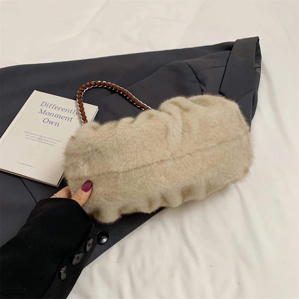 MOODS Pleated Design Faux Fur Shoulder Bags For Women 2024 Luxury Designer Purses And Handbags Winter Warm Soft Plush Hobo Bags