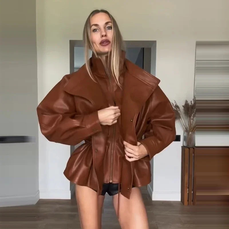 Fashion Solid Faux Leather Women's Jacket  Lapel Waist Cinching Loose Long Sleeves Coat Chic 2026 Spring Autumn New Street Wear
